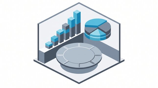 Isometric data analytics dashboard with bar charts and pie charts vector illustration