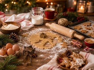 Fototapeta premium Preparing homemade gingerbread cookies on a rustic wooden table with festive holiday decorations.