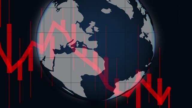 Global Stock Market Crash With Red Candlestick Chart Falling Over Rotating Earth Globe