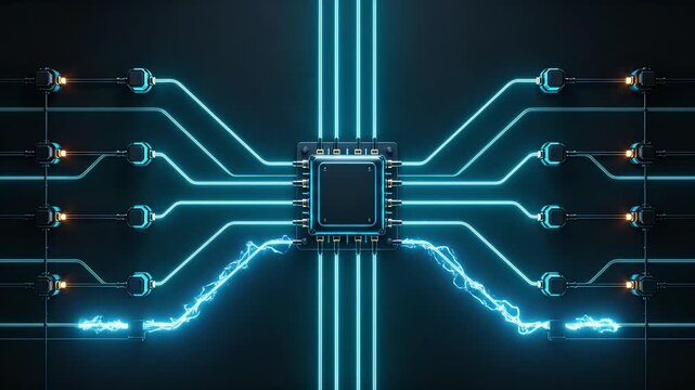 Glowing neon circuit board showing electrical surges ideal for cyber security breach ad campaigns