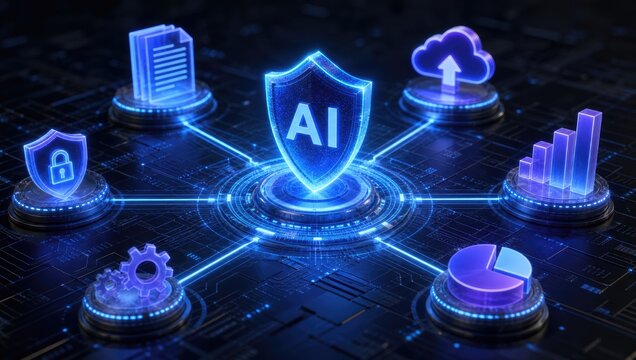Ai security shield icon with glowing digital lines connects to file cloud chart settings and lock elements for modern network data protection and cyber safety.