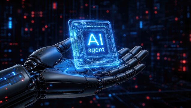 Robot hand holding glowing blue ai agent digital processor chip in futuristic space with data connections symbolizing next generation artificial intelligence.