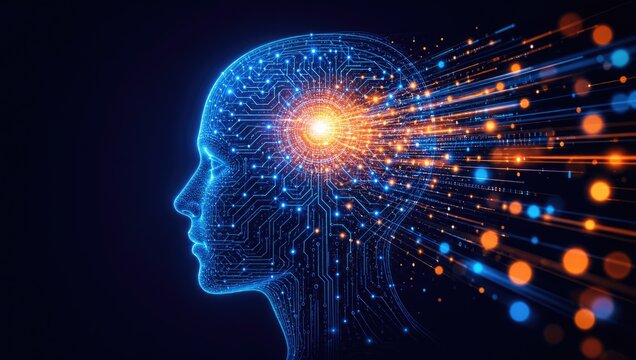 Digital silhouette of human profile filled with circuit pattern and glowing burst of light representing mind expansion through technology.