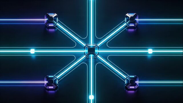 Glowing central node with intersecting neon lines for digital network campaign video loop