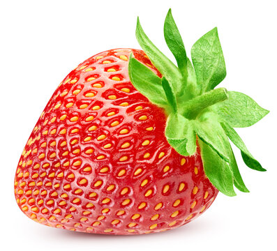 Organic one ripe strawberry close up. Fresh sweet strawberry isolated on white background with clipping path