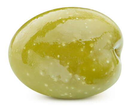 One organic green olive close up. Fresh green olive isolated on white background with clipping path