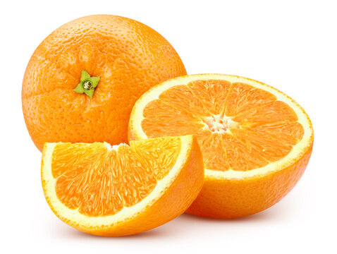 Whole orange and juicy half for packaging design. Fresh orange isolated white background with clipping path