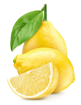 Fresh yellow lemon whole with slice and leaf isolated on white background. Lemon collection with clipping path. Full depth of field