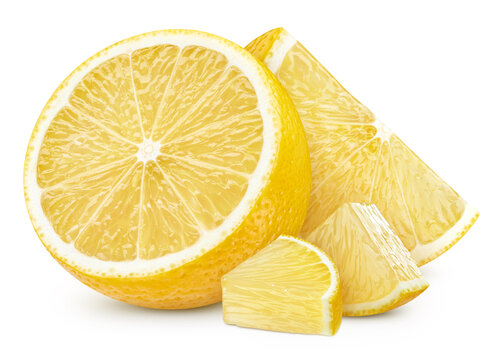 Lemon halves with green leaves object. Fresh organic raw citrus fruit composition isolated on white background. Clipping path. Full depth of field