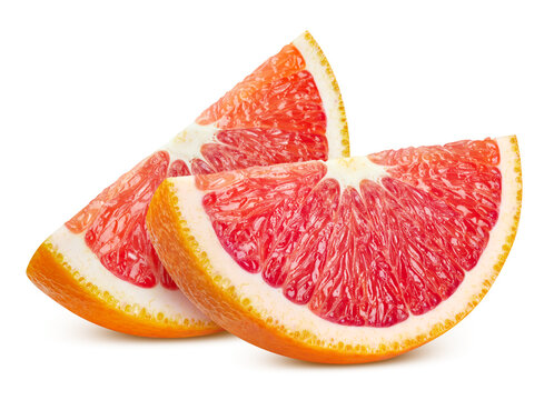 Juicy red orange slices isolated on white background. Set of fresh organic red orange segments with clipping path. Every red orange slice has vibrant citrus texture