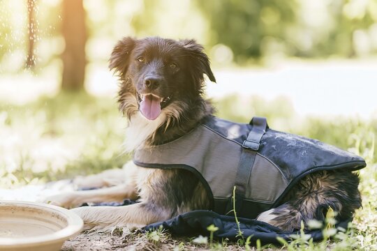 Wet black and white dog wears a cooling vest beside a water bowl in a sunny park, showing practical ways to keep pets cool and hydrated during extreme summer heat