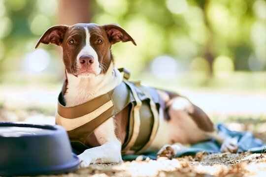 Brown and white dog wearing a cooling vest rests beside a water bowl in a shaded park, illustrating hydration, heatstroke prevention and safe summer care for pets