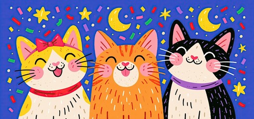 Naklejka premium In a lively celebration filled with confetti and moon motifs, three happy cats express joy for global cat appreciation day.