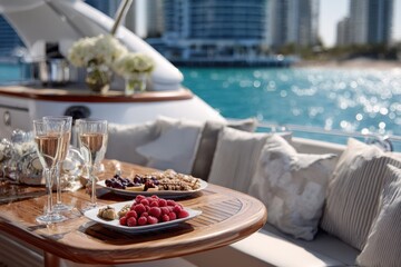 Fototapeta premium Elegant yacht dining experience featuring refreshing fruits and champagne in bright sunlight