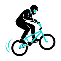 Naklejka premium Silhouette of a bmx rider performing a mid-air tailwhip trick with bold flat color blocks on a white background extreme sports lifestyle concept