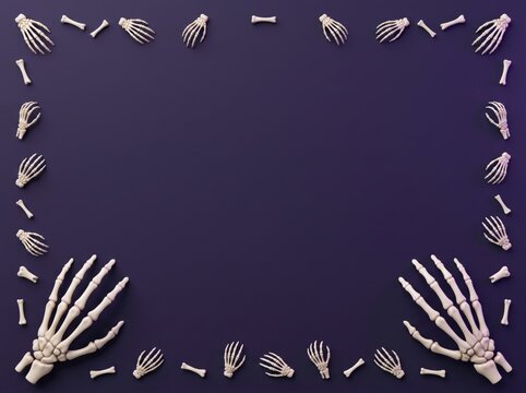 Halloween frame made of skeleton hands and bones on dark purple background