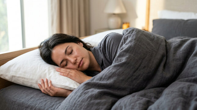 Woman sleeping peacefully in cozy bed, natural light, serene rest and relaxation.