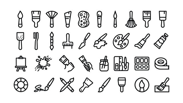 black and white line art vector icons of art supplies and painting tools