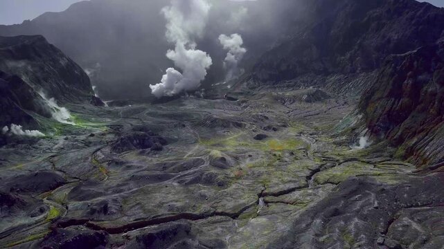 Stunning aerial video showcases dramatic volcanic landscape with active steam vents and rugged terrain.