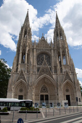 Fototapeta premium View from below on the facade of the famous Rouen gothic cathedral in Rouen city, the capital of Normandy region in France 
