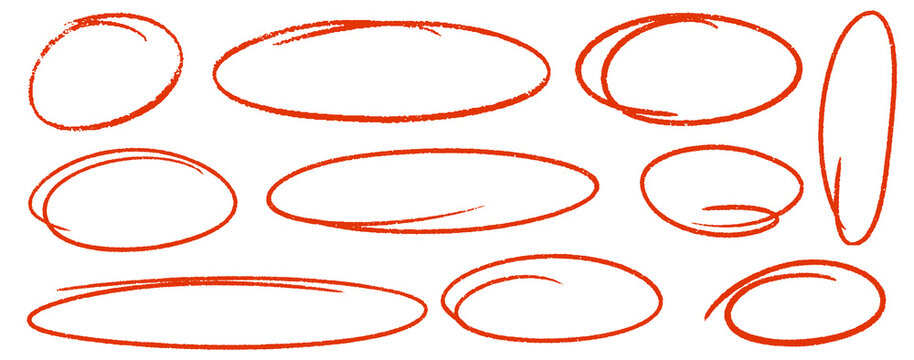 Hand drawn pencil sketch ovals. Brush strokes circles, ellipses pencil doodle style set. Red round thin frames, freehand shapes, emphasis highlights. Vector elements for diagrams, banner, poster
