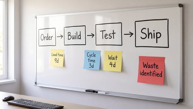 Value Stream Mapping Whiteboard. Sticky Note Lean Process Board With Lead Time And Waste In Office. Business Workflow Improvement Kaizen Session