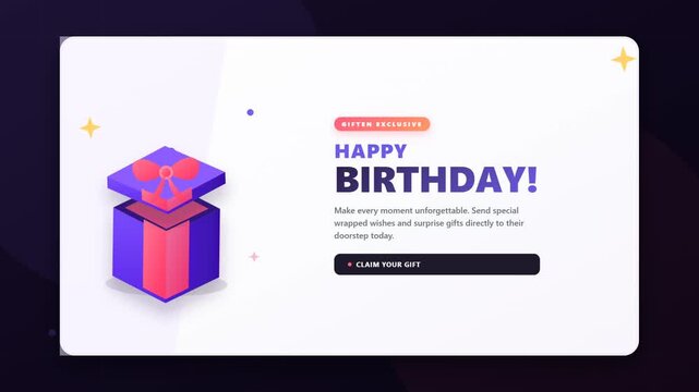 Modern website landing page layout featuring 3D isometric gift box for happy birthday celebration event