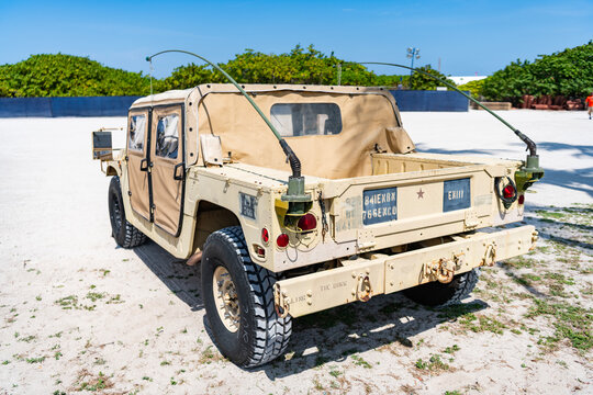 Miami, Florida, USA - May 22, 2025: Military truck HMMWV Humvee. Tactical vehicle HMMWV Humvee outdoor, corner view. AM General HMMWV Humvee military vehicle.