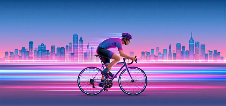 Cyclist speeding through a colorful urban environment with neon trails, highlighting sustainable travel and bike culture.