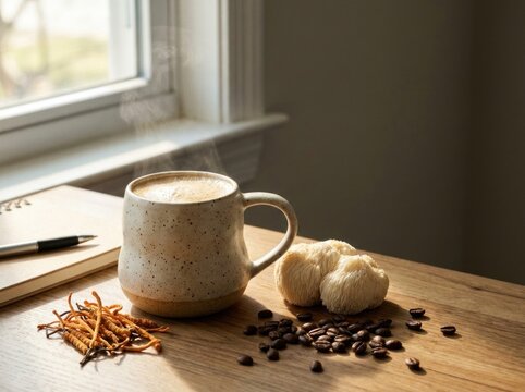 Steaming mug of lion's mane mushroom coffee with fresh adaptogenic mushroom by sunny window