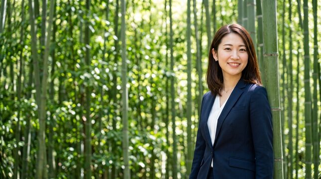 プロフィール写真をイメージした、豊かな竹林にある一本の竹にもたれかかり、穏やかな笑顔をカメラに向けている、知的な印象の20代日本人女性社員のバストアップポートレート