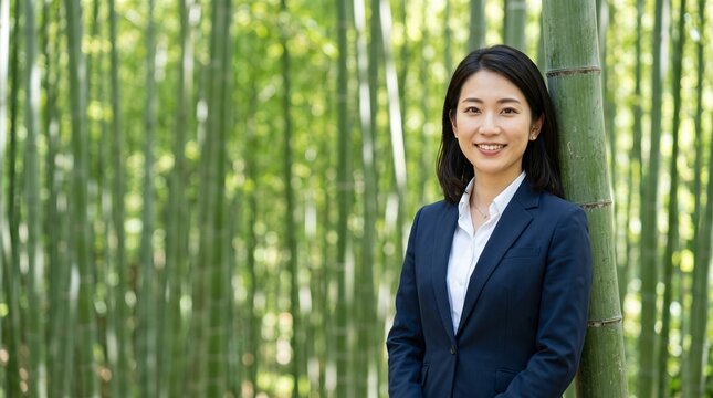 プロフィール写真をイメージした、豊かな竹林にある一本の竹にもたれかかり、穏やかな笑顔をカメラに向けている、知的な印象の20代日本人女性社員のバストアップポートレート