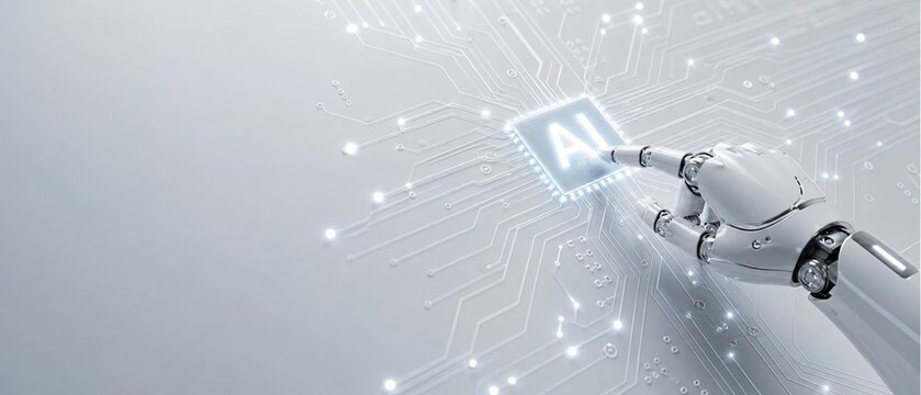 Robotic hand touching glowing digital artificial intelligence processor chip with intricate light pathways on clean surface for futuristic technological interaction.