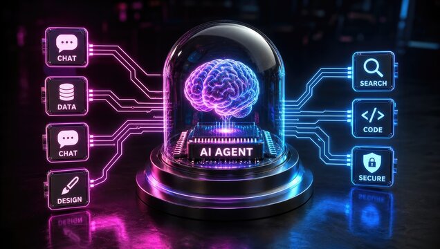 Artificial intelligence agent central processor with digital brain neon glow circuitry and peripheral data tools for automated cybernetic research and development.