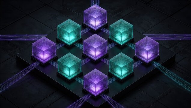 Digital grid network of glowing translucent geometric cubes representing decentralized modular cloud computing and advanced data storage infrastructure systems.