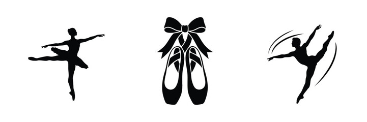 Set of three black ballet silhouettes, featuring a dancing ballerina, a pair of ballet slippers with a bow, and a leaping dancer, isolated on white © Mst Arzina