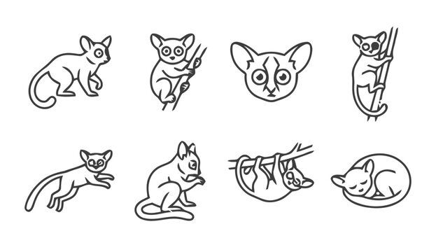 Set of eight black and white outline of galago bush babies in various poses including climbing trees, sitting, and sleeping on white background