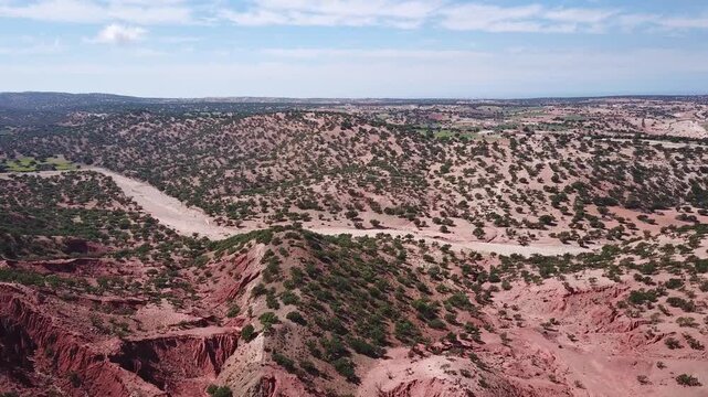 Aerial view of arid landscape with red soil and scattered argan trees in the Atlas Mountains region of Morocco.