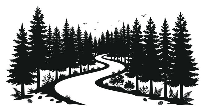 Forest path silhouette with evergreen trees and birds against a white background