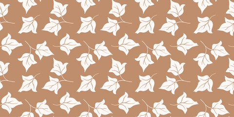 Obraz premium Seamless pattern with organic cotton plant leaf drawing. Minimalist botanical wallpaper background. Flat style nature vector illustration for textile, fabric, wrapping paper decor.