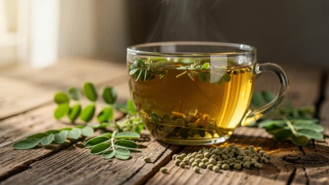 Hot herbal tea with fresh green moringa leaves and seeds on rustic wooden table for wellness and health benefits