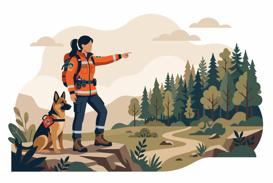 Search and Rescue Worker with Trained Dog in Forest Landscape