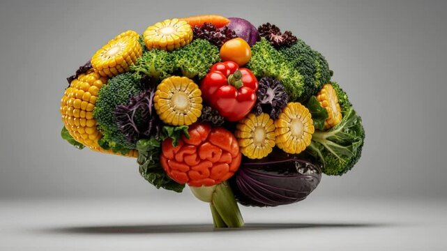 Creative brain shape made from fresh vegetables including corn broccoli and peppers on gray background