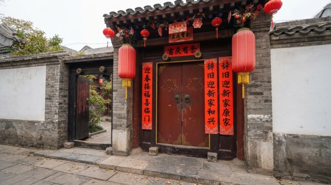 Traditional Chinese Gate with Lanterns: A historic wooden gate, adorned with red lanterns and calligraphic couplets, stands as an entrance to a traditional courtyard in China.