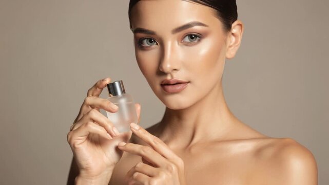 Young woman with flawless skin holding skincare serum bottle for beauty and skincare routine