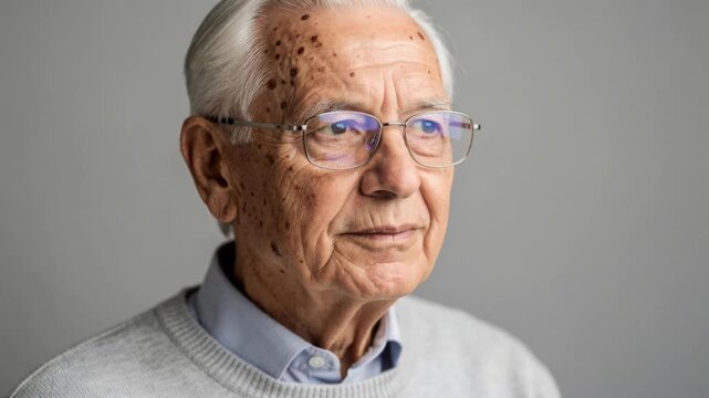 Thoughtful senior man with glasses looking away isolated on gray background with wrinkles and age spots