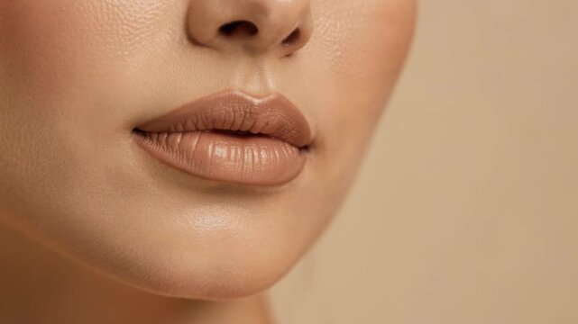 Close up of smooth natural lips with nude lipstick perfect for beauty skincare and makeup concepts