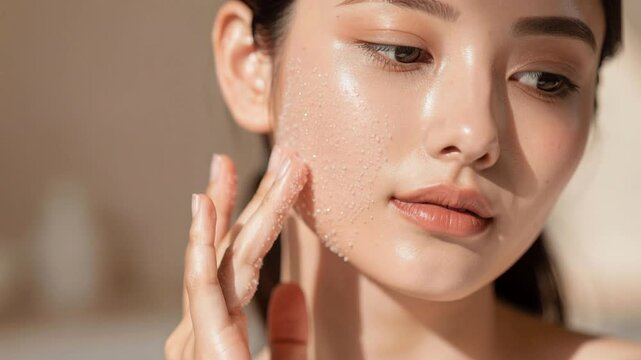 Young woman gently exfoliating her face with skincare scrub for glowing healthy skin beauty routine