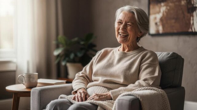 Happy elderly woman relaxing at home in cozy sweater enjoying peaceful moment with warm sunlight