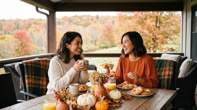 Autumn Gathering on the Porch: Two women share a warm, intimate moment over coffee and pastries on a cozy porch, surrounded by the vibrant colors of fall foliage and autumnal decorations.